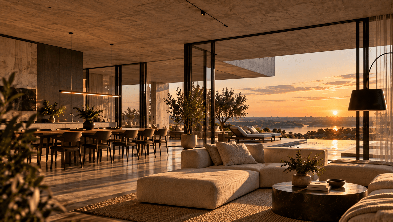 Vista general del interior de Casa Litoral abierto hacia el paisaje