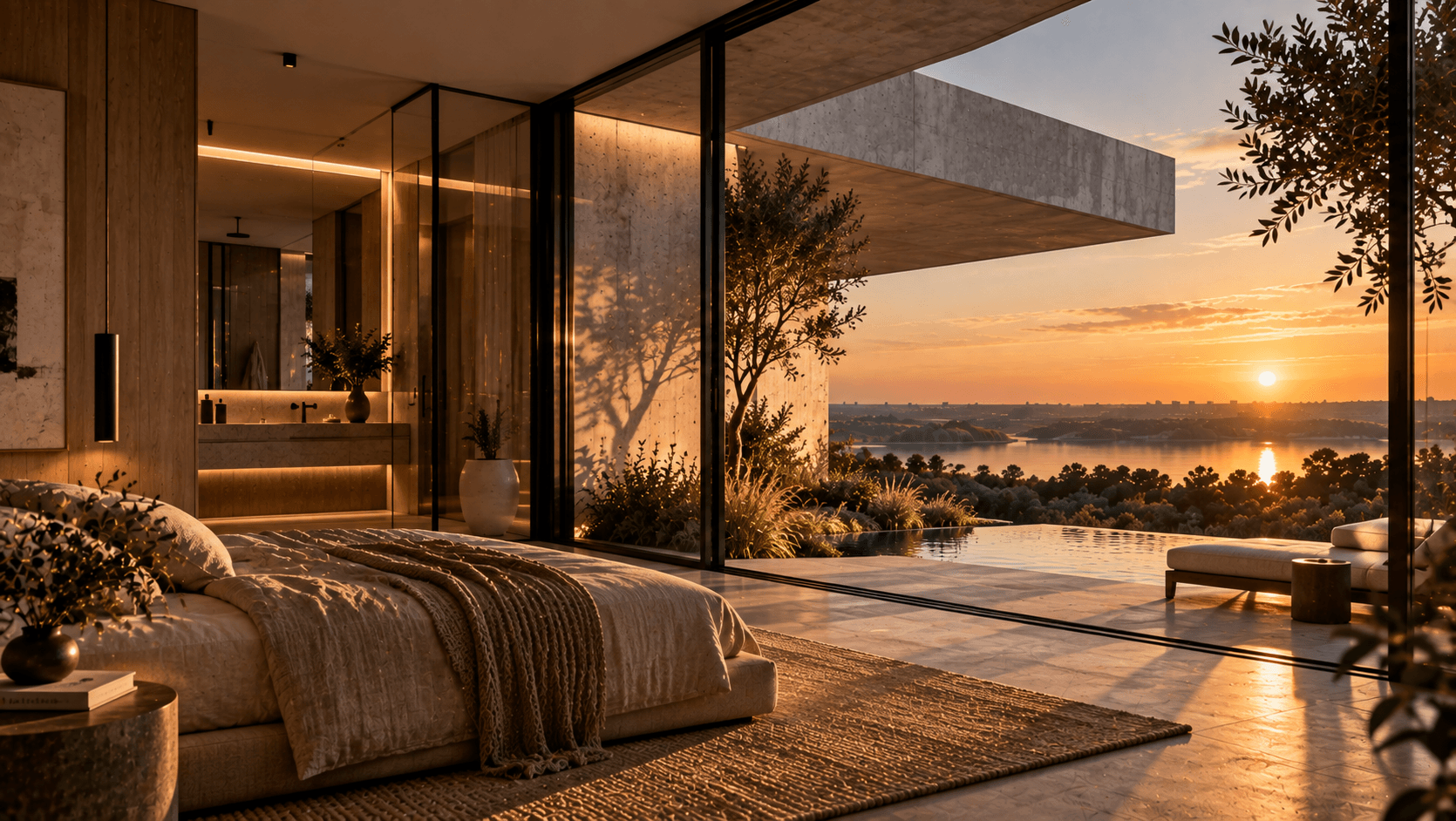 Dormitorio de Casa Litoral abierto hacia el agua y el paisaje