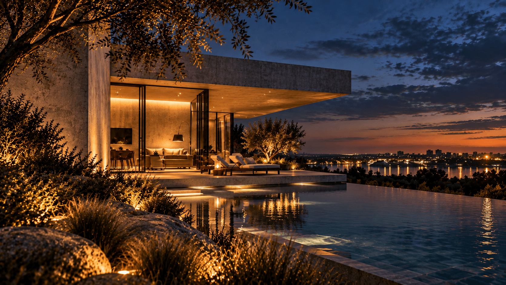 Casa Litoral iluminada frente al agua durante la hora azul