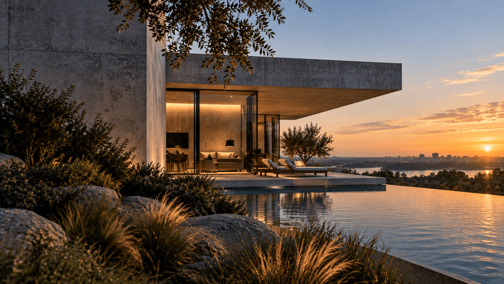 Casa Litoral abierta hacia la ribera al atardecer