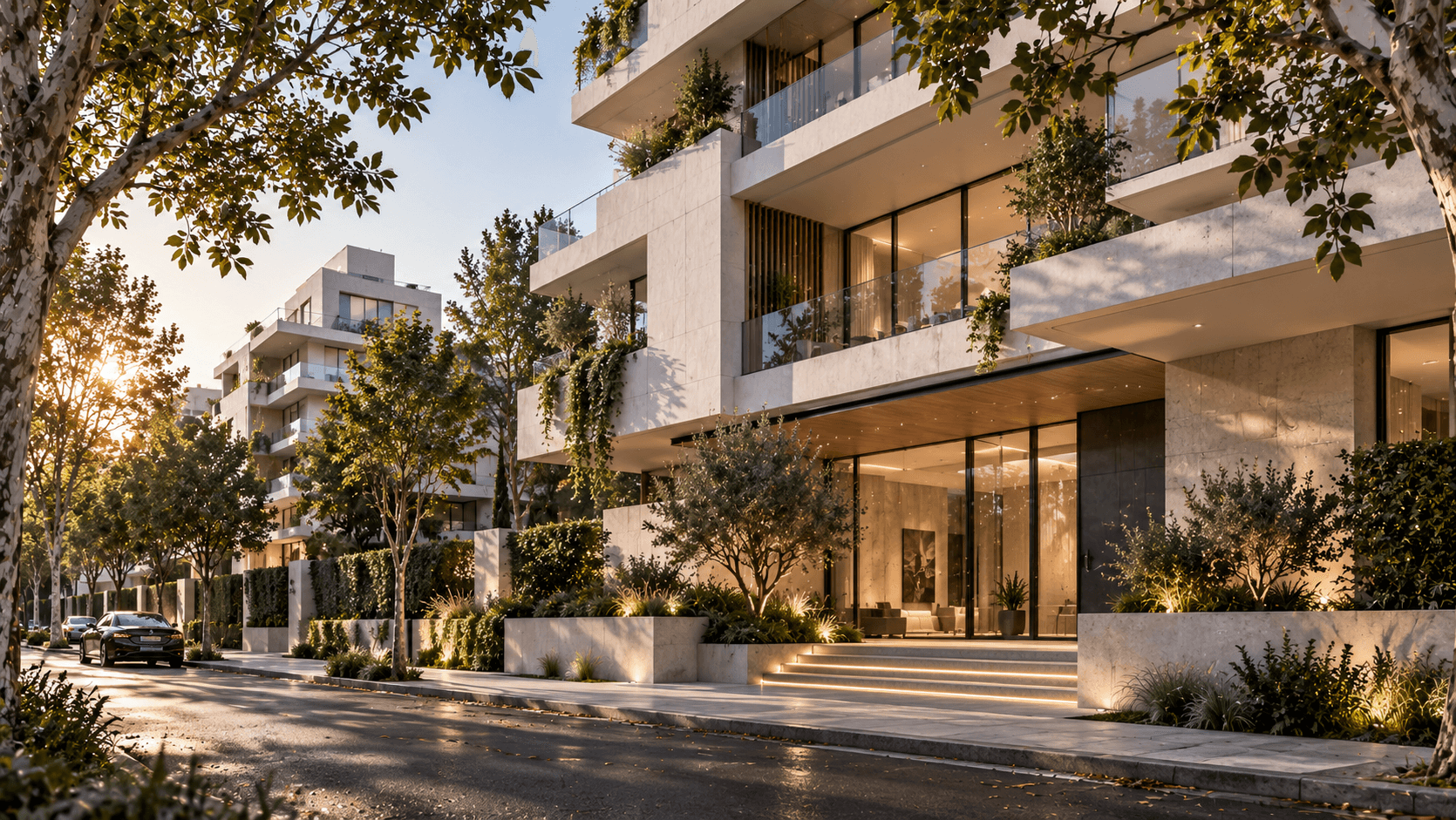 Conjunto residencial urbano entre árboles y terrazas