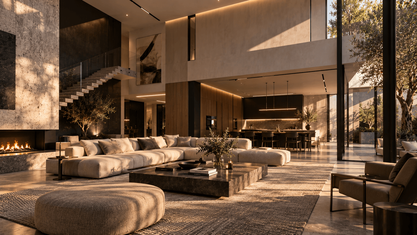 Interior residencial de doble altura definido por piedra y luz