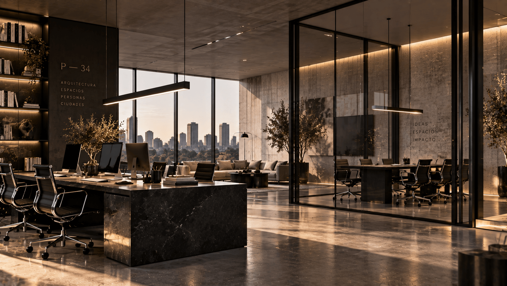 Estudio de arquitectura oscuro con vistas a la ciudad